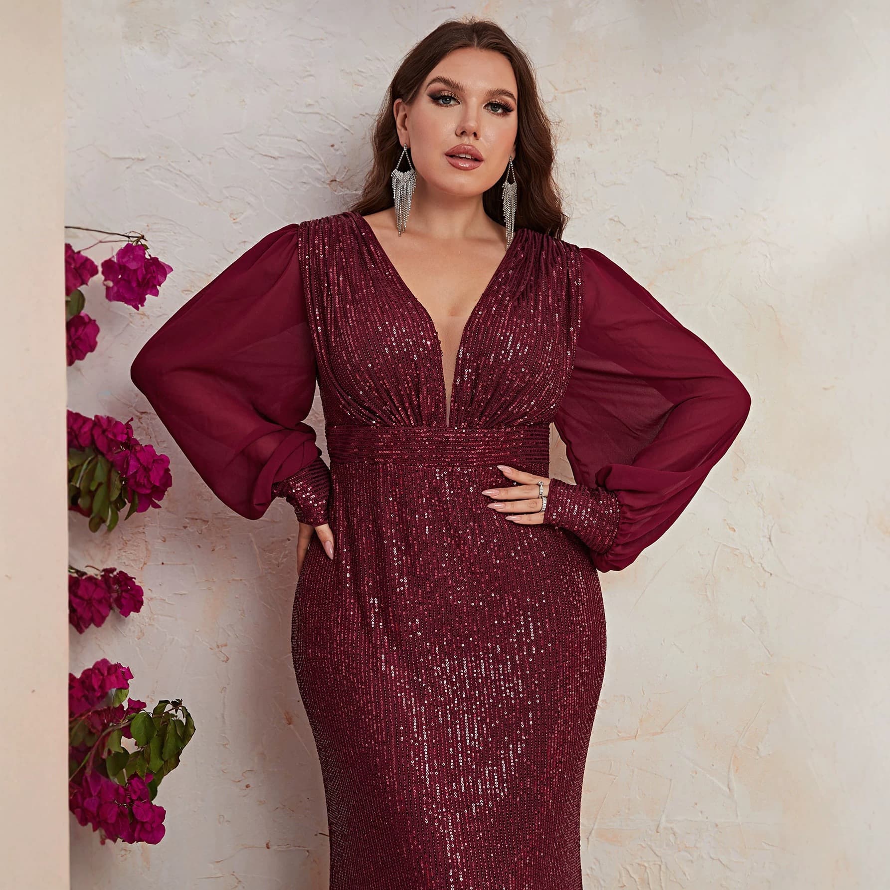 New large size sequined dress, sequined long-sleeved V-neck prom evening dress, fishtail long dress-FMGT439-1