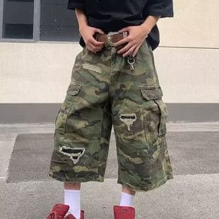 [Cross-border Trade Exclusive] American High-Street Camo Cargo Distressed Niche Design Straight-Leg Cropped Denim Jeans for Men