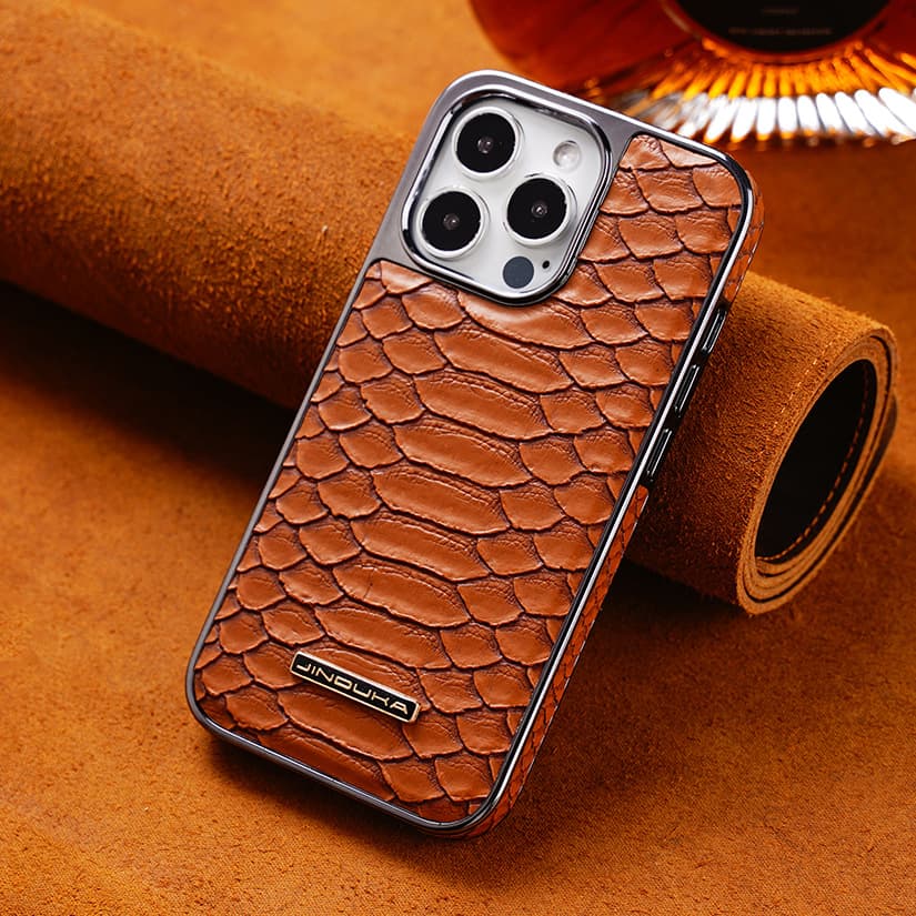 Compatible with iPhone 15 Case Snake Pattern 16 Pro Max Electroplated iPhone 14 Business 13 Full Coverage Shockproof 12 Leather Cover