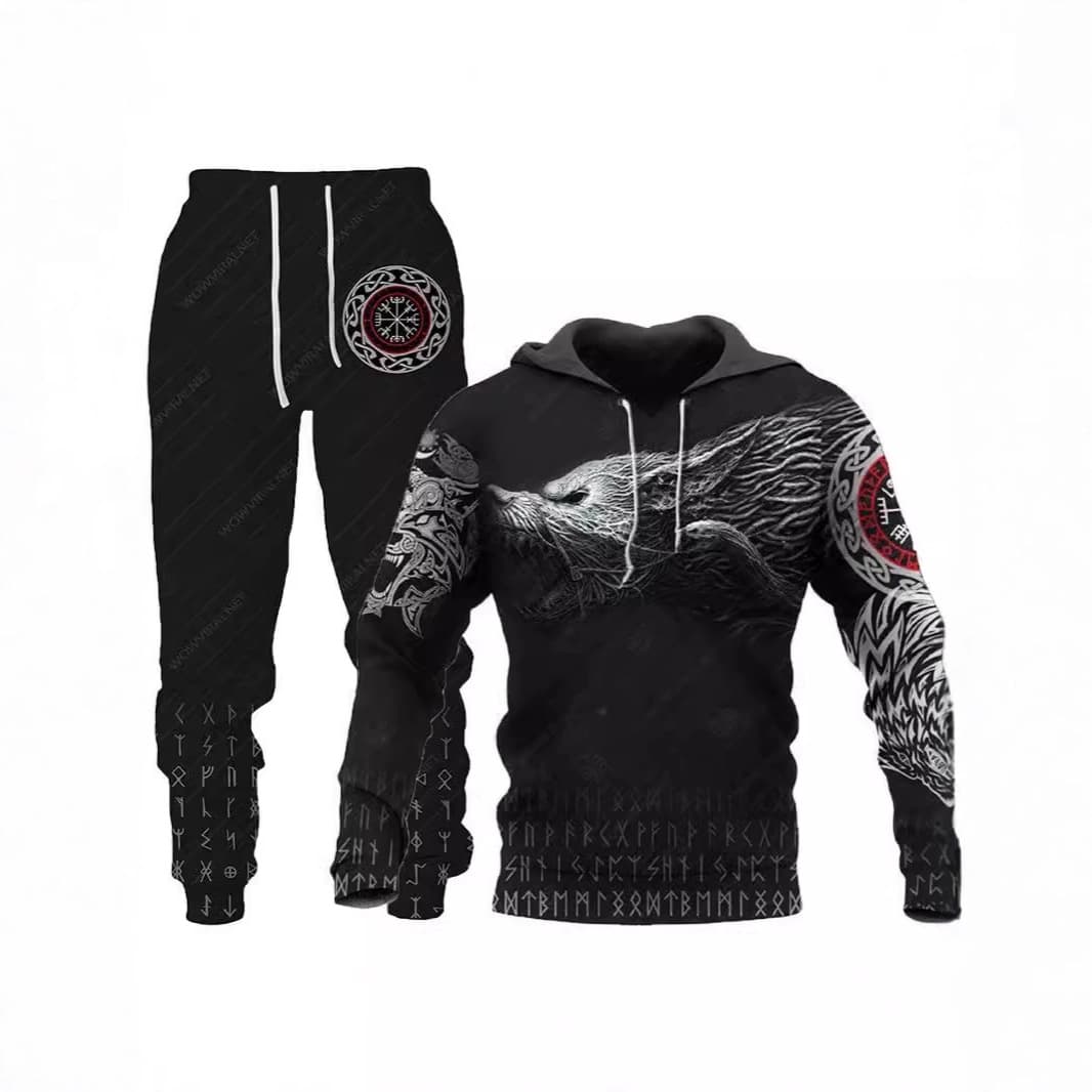 2025 Cross-Border New Wolf 3D Printed Hooded Sweatshirt Suit Spring and Autumn European and American Men's Pullover Sweatshirt Manufacturer Wholesale
