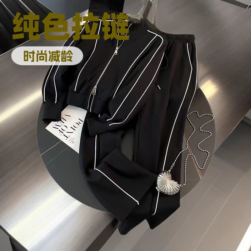 Fashionable Casual Sportswear Set for Women Autumn Trendy Zipper Hoodie Wide Leg Pants Two Piece Ensemble Anti Aging