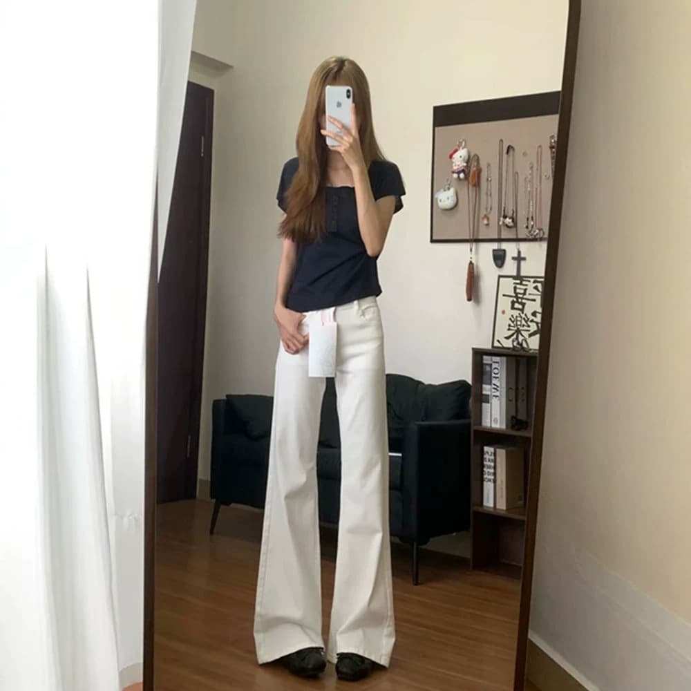 Small American white simple bootcut jeans for women summer new low-waist stretch slim floor-length flared pants