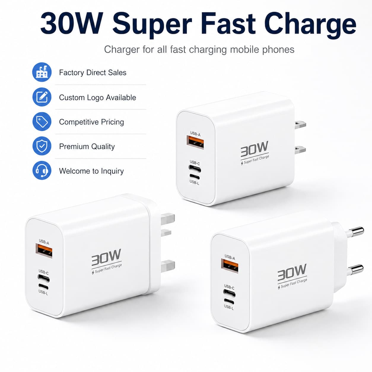 PD 30W Reverse Charger EU/US/UK Plug Fast Charging Adapter for iPhone 15 Apple Huawei Xiaomi