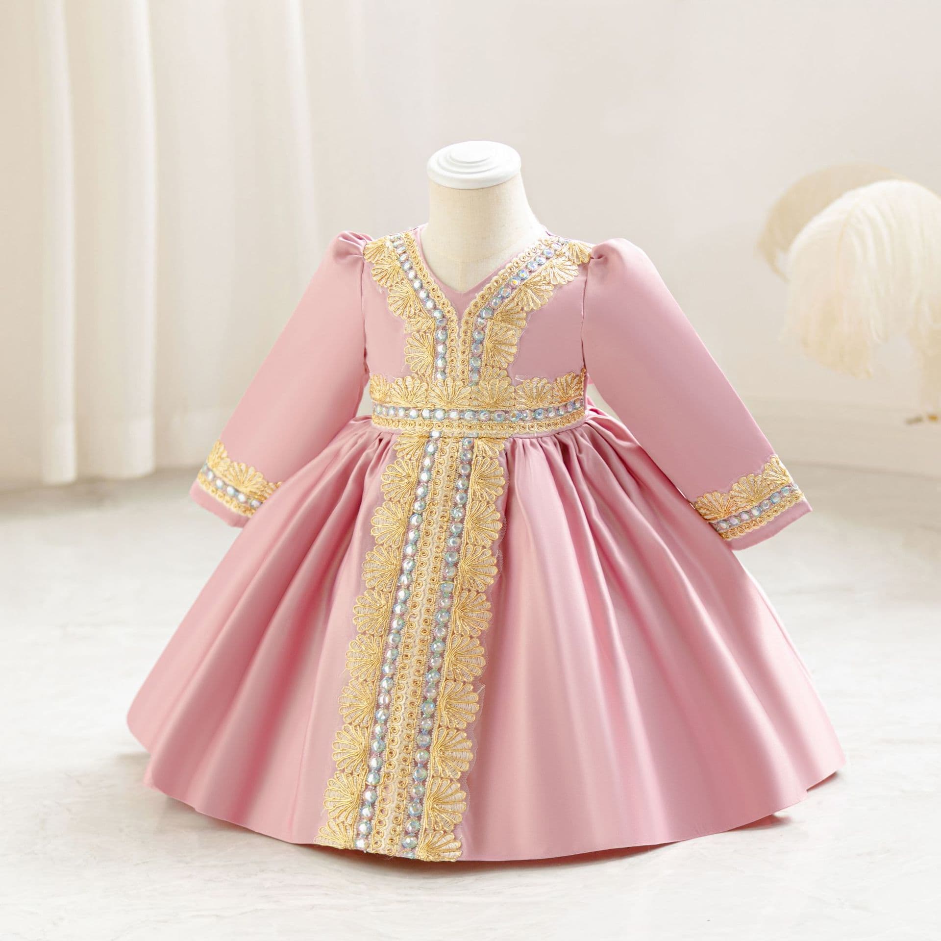 European and American export girls princess dress long sleeve evening gown floral print flower girl performance dress