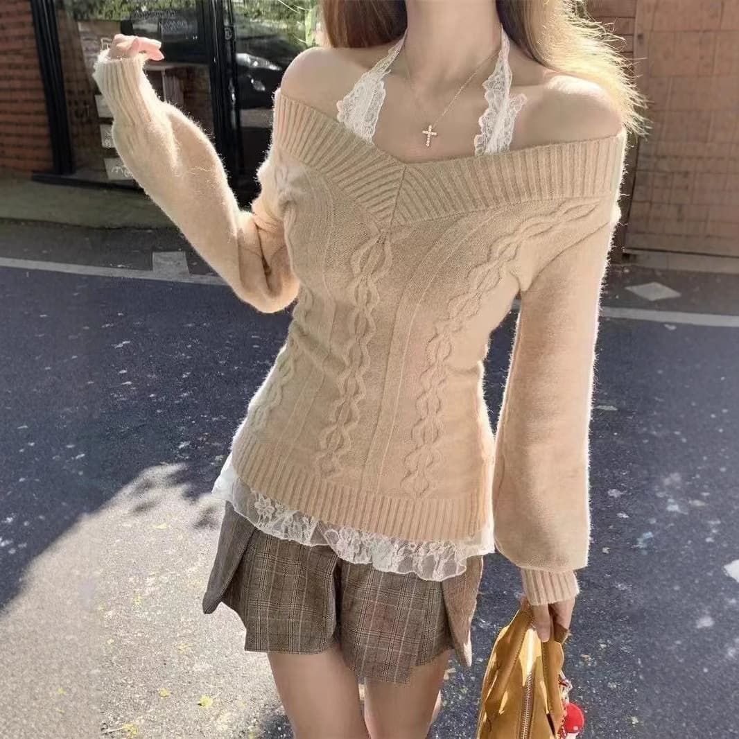 Winter Women's Knitted V-Neck Sweater Shoulder Bared Waist-Cinched Design Thickened Long Sleeve Geometric Patterned Outerwear