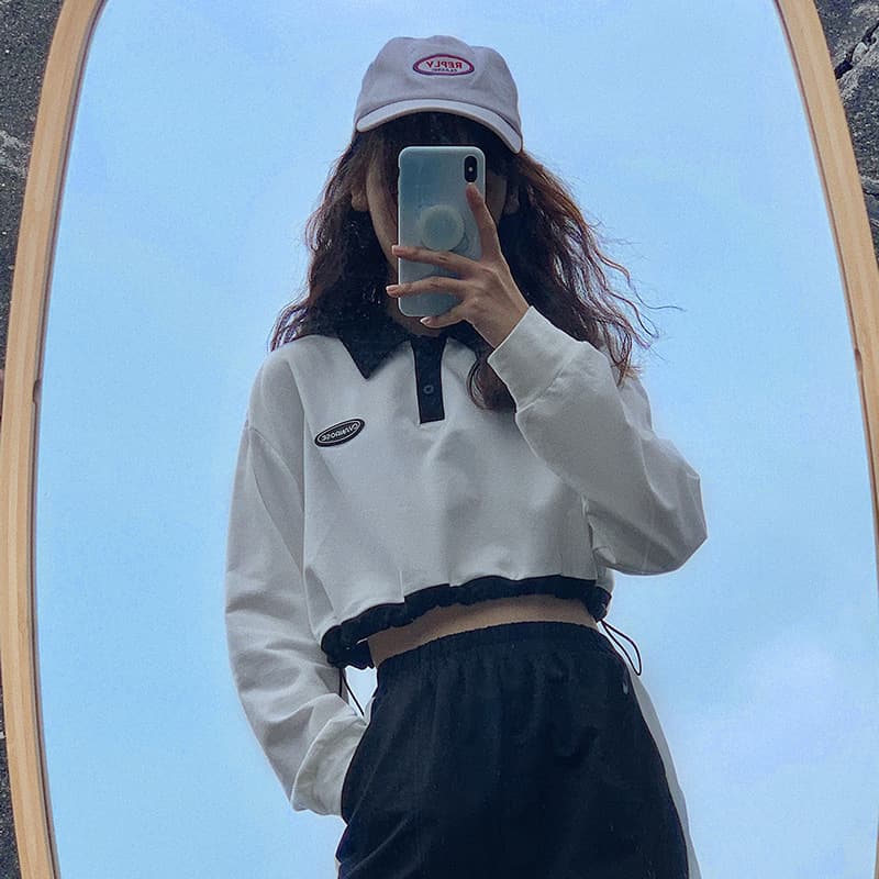 Sweet and cool polo collar long-sleeved waist sweatshirt for women spring new Korean style loose design niche top with trendy temperament