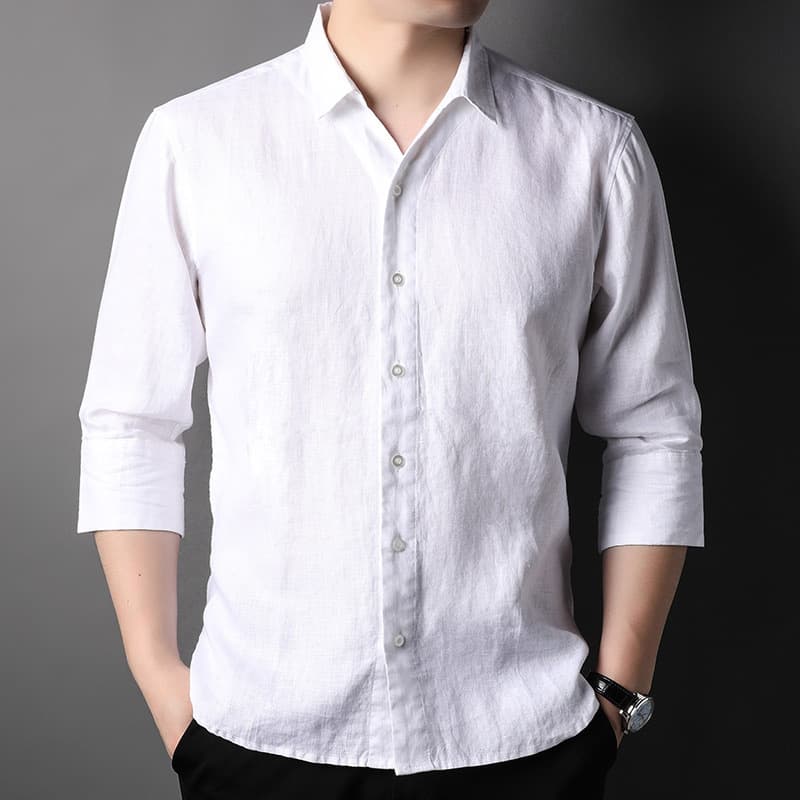 Hengyuanxiang Men's Loose Fit Summer Shirt Thin Linen Material Seven Sleeve Square Collar Breathable Base Layer Shirt