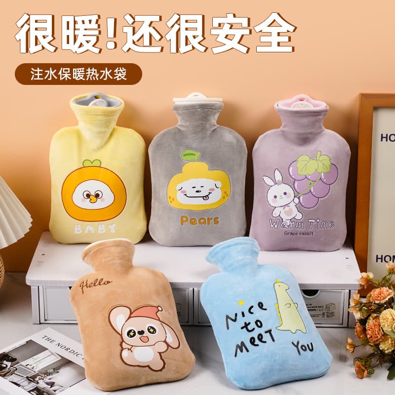 Hot water bottle fillable old-fashioned thickened hot compress plush heat preservation hand warmer, cute stomach warming explosion-proof warm water bag wholesale