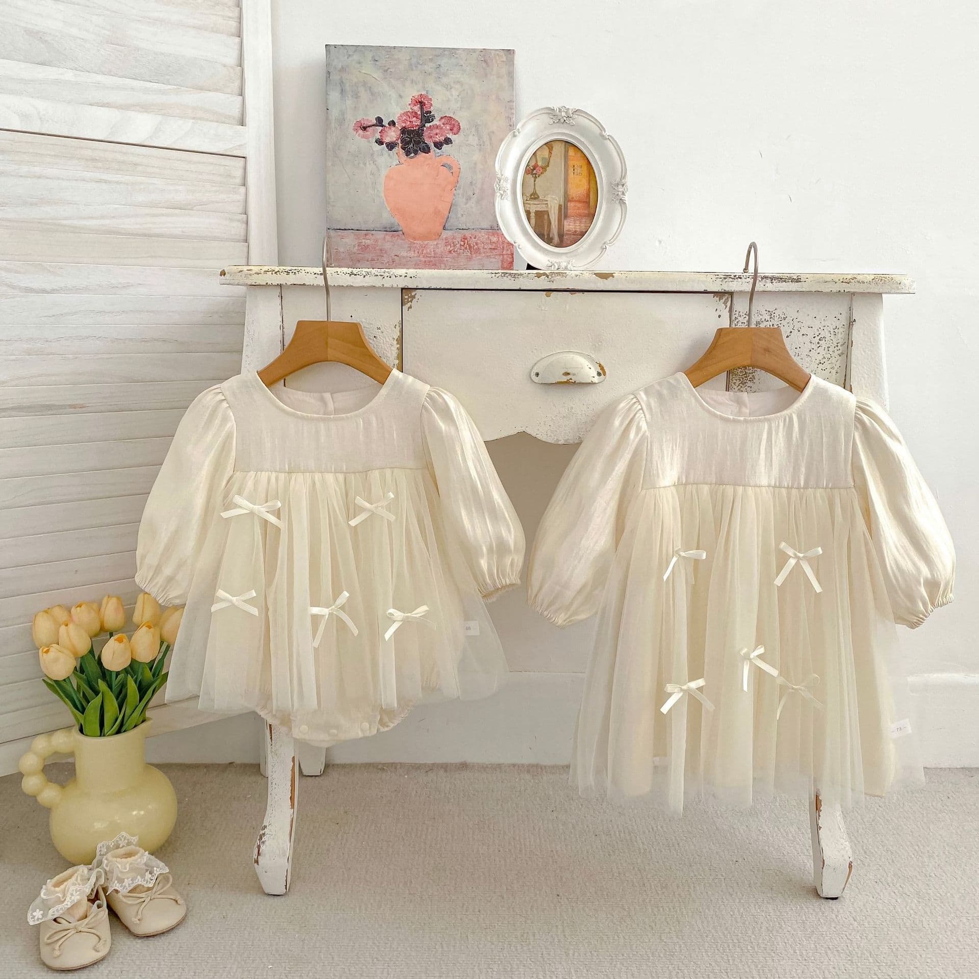 New girls long-sleeved dress spring baby girl bow princess mesh skirt cute and sweet sister outfit