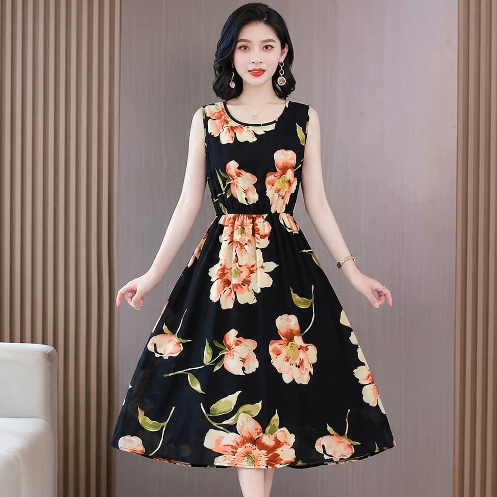 Trendy French Sleeveless Floral Dress for Women, Waist-Tightening, Slimming, Age-Defying, Midi Length, Elegant Mother's Dress