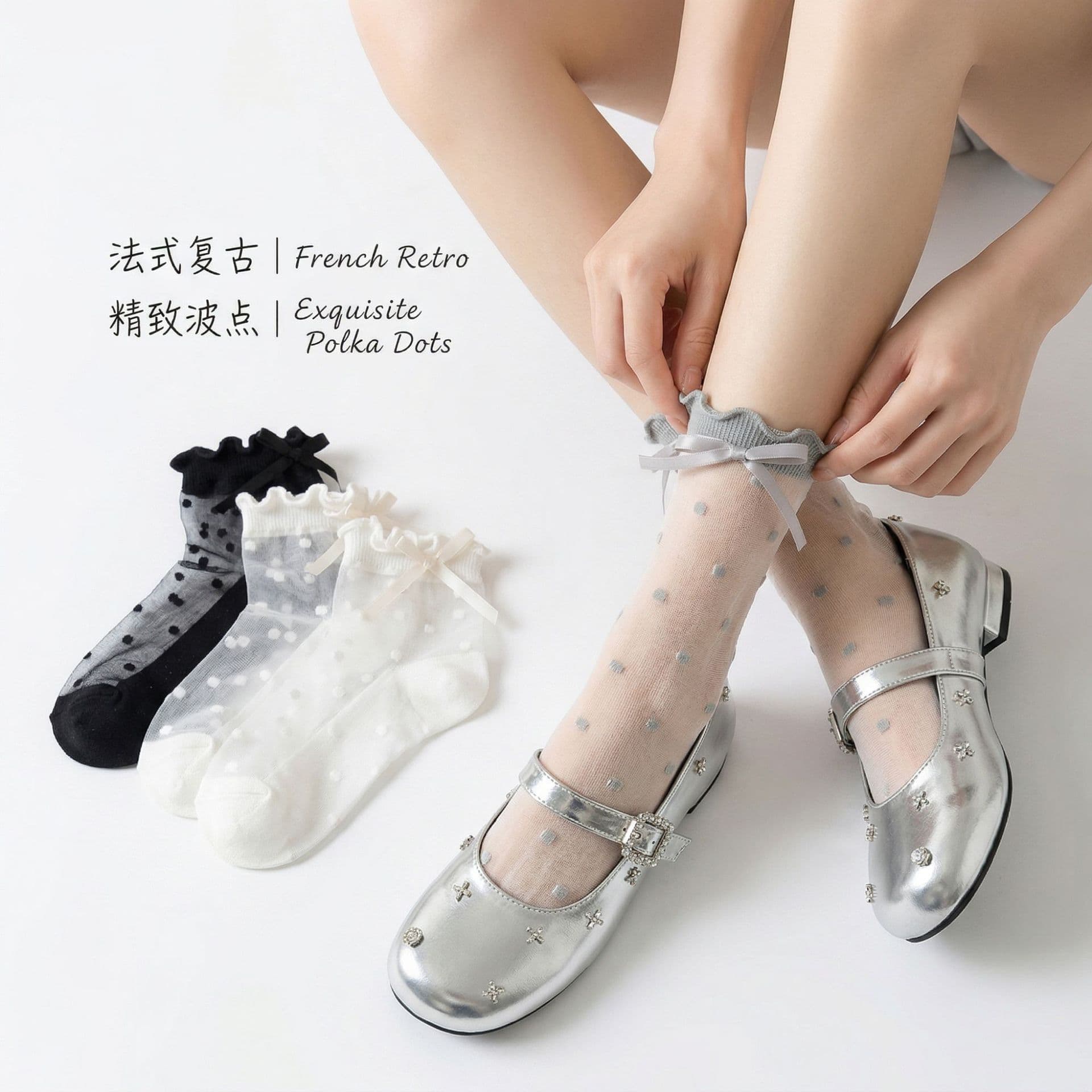 Spring and Summer Breathable Lace Bow Mid-Calf Socks, Sweet and Cute Polka Dot JK Socks, Invisible Seamless Skin-Friendly Socks