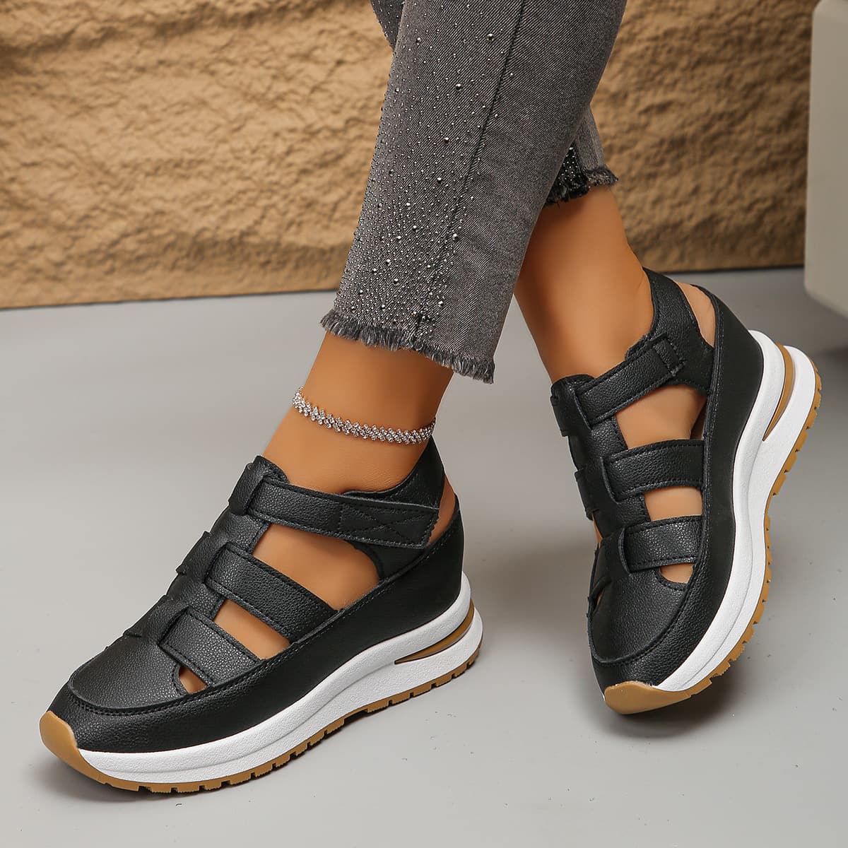 Large Size Women's Platform Sandals Summer New Style Closed Toe Hollow Breathable Wedge Heel Thick Sole Hook and Loop Shoes