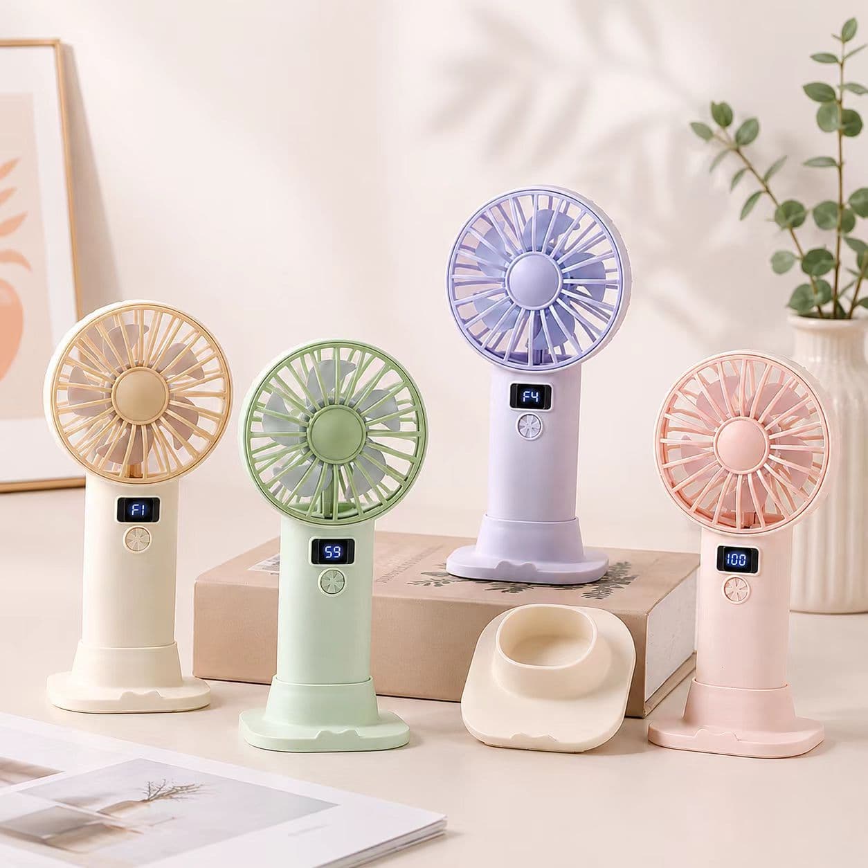 Digital Display Handheld Mini Fan, USB Rechargeable Fan with Base, Small Desktop Fan, Summer Gift Wholesale
