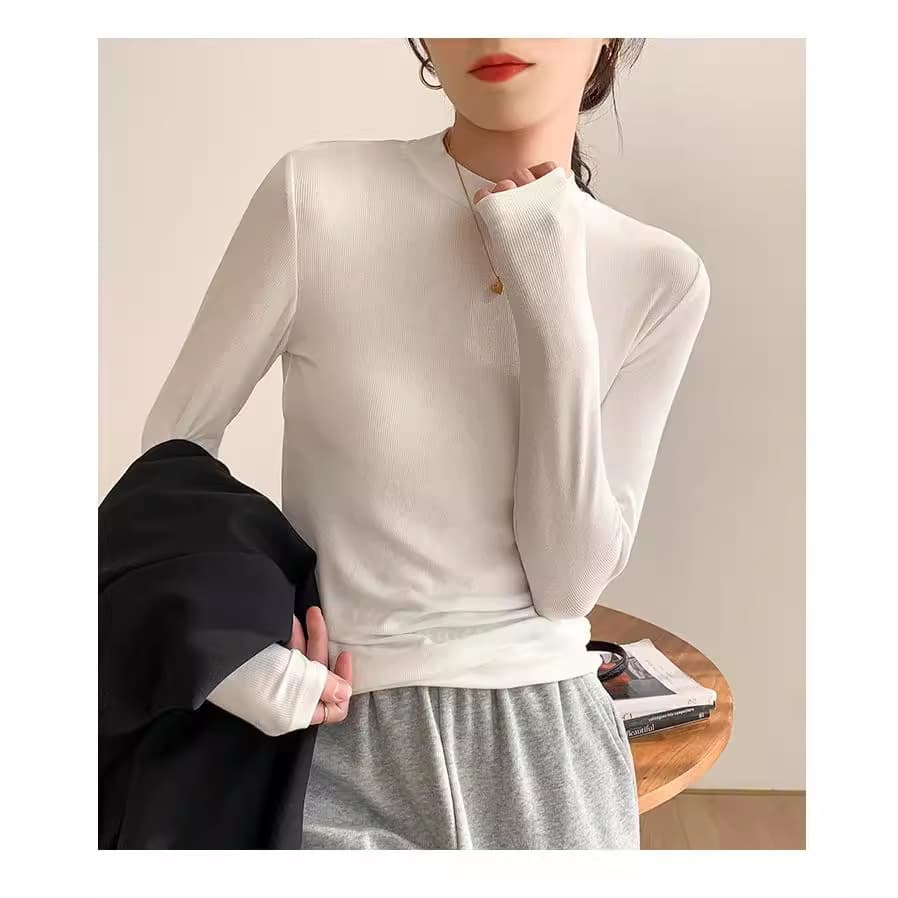 Small Stand Collar Boss Lady Same Style Inner Wear Solid Color Pure Cotton Half-Turtleneck Pure Desire Solid Color Base Layer Knitted Sleeve T-Shirt