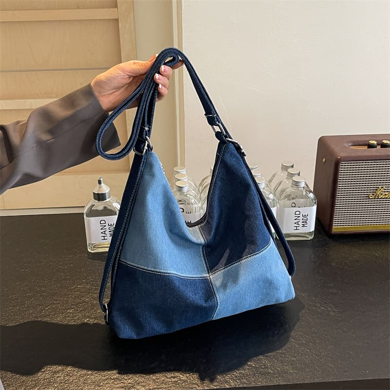 Niche Design Spring/Autumn Large Capacity Color-Block Patchwork Denim Bag Fashion Casual Tote Shoulder Canvas Bag for Women