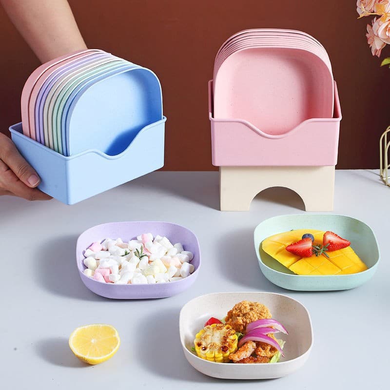 Household wheat straw spit bone dish with base fruit table dish garbage square deepened plastic plate wholesale tableware