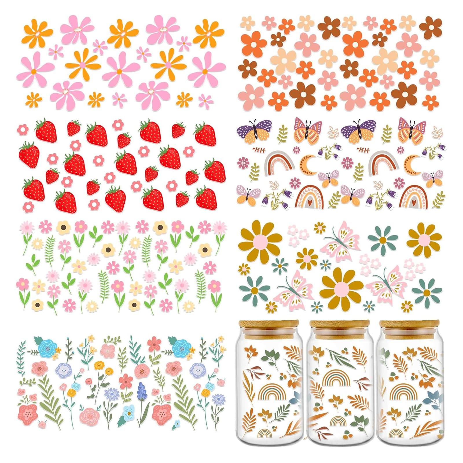 Colorful Floral Butterfly Strawberry UV DTF Cup Stickers Peel and Transfer Glass Cup Crystal Labels Scrapbook Stickers