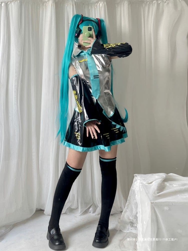 MIKU Official Patent Leather Cosplay Costume Japanese Anime Girl JK Outfit Set