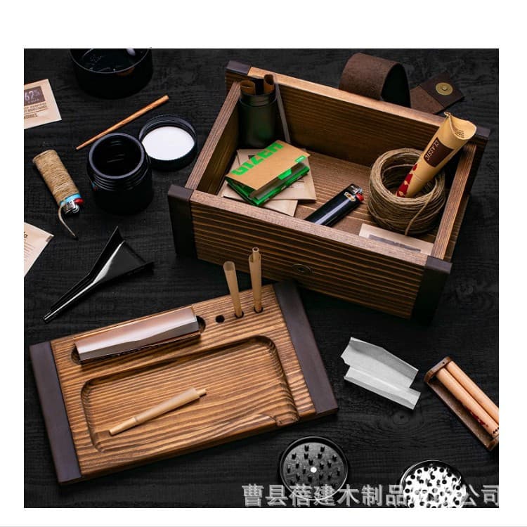 Retro-style storage box with top and bottom lid, wooden coffee bean and cigar storage box, desktop multi-functional cigarette holder and herb box.
