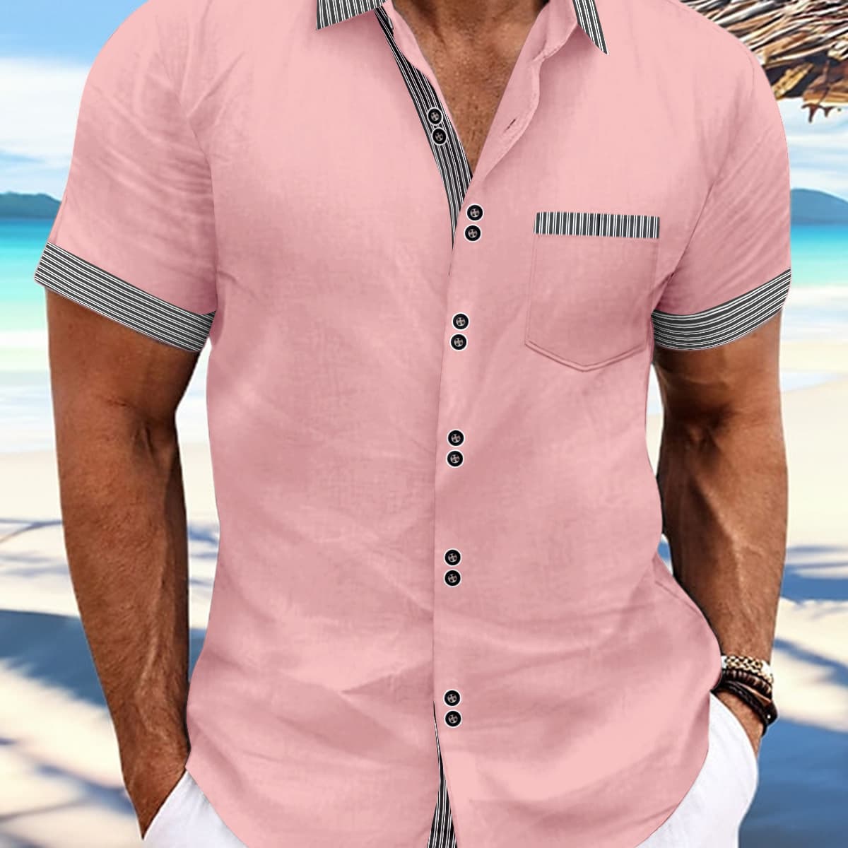2024 Cross-Border New Summer Fashion Men's Striped Double Buckle Short-Sleeve Business Slim Fit Casual Shirt