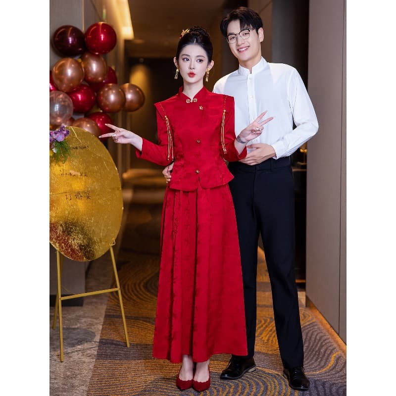Cheongsam Toast Dress Gown Autumn Winter New Red New Chinese Two-Piece Wedding Engagement Dress Long Sleeve for Women