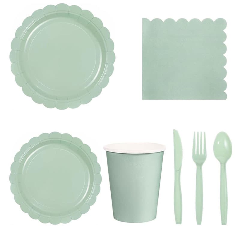 New monochrome light green lace party decoration disposable tableware simple solid color paper plates paper cups tissue supplies