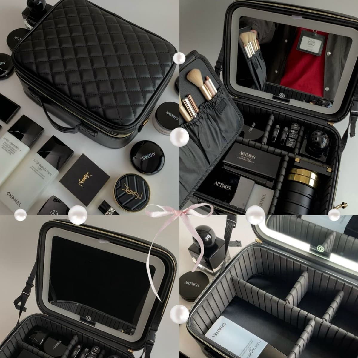 Diamond pattern cosmetic case, large capacity, portable storage bag with mirror, portable makeup artist and makeup case, high-end cosmetic bag