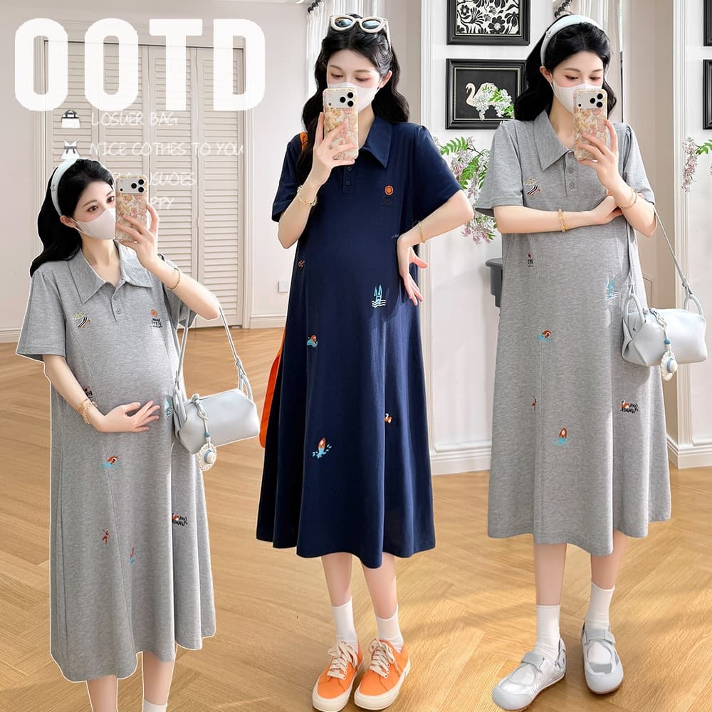 2026 Summer Maternity Slimming Navy Mid-Length Lapel Polo Neck Dress