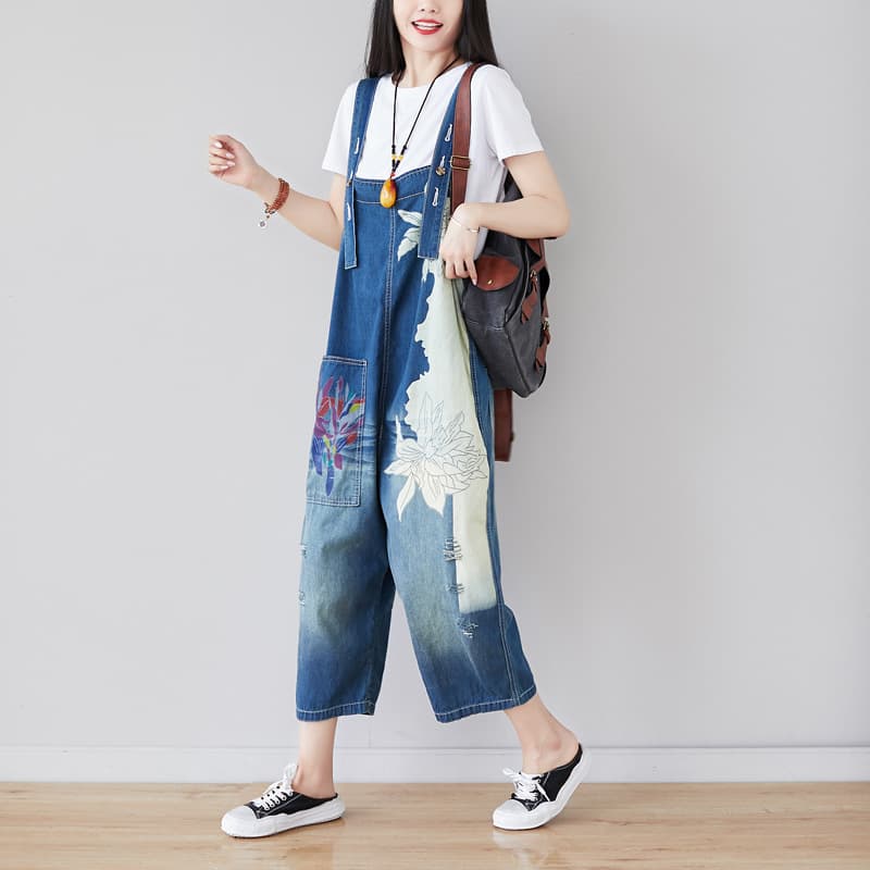 2025 New Style Patchwork Jeans Asymmetrical Plus Size Washed Denim Suspenders Cropped Wide Leg Pants Casual Versatile