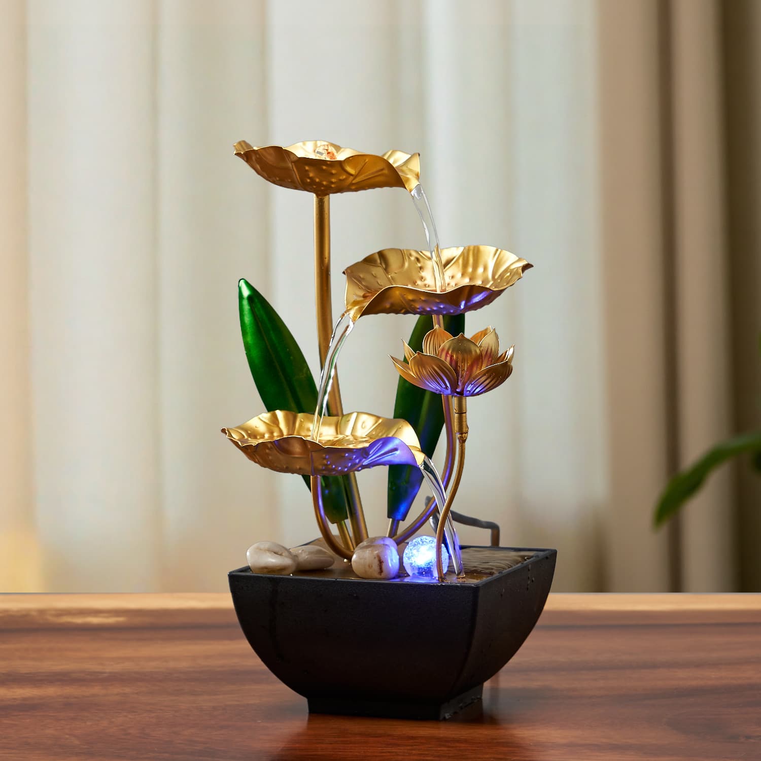 Moonlit Lotus Pond Waterfall Decoration with Circulating Water, Office TV Cabinet Countertop Living Room Table Light Luxury Ornament, European Standard