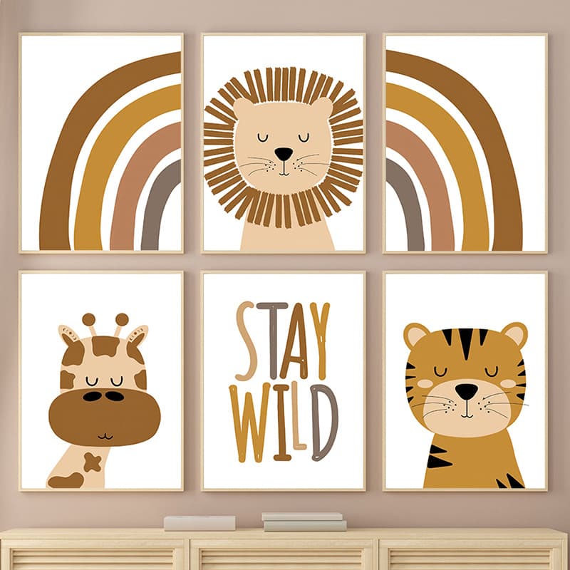 Modern Nordic Cartoon Animal Little Lion Tiger Children's Bedroom Living Room Decorative Print and Frame Wholesale Printing