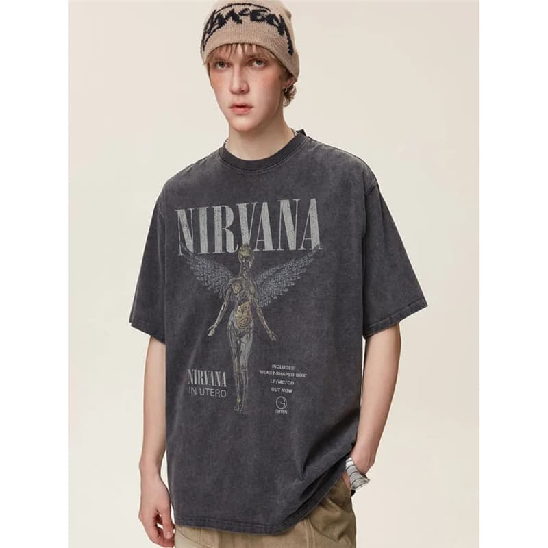 Nirvana Band American Retro Washed Vintage Short-Sleeve T-Shirt for Men and Women, Summer Loose High Street Fashion Brand T-Shirt