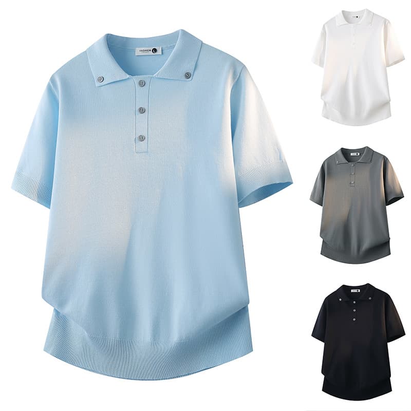 Polo Shirt Knit Short Sleeve Men Button Old Money Style Business Slim Fit Summer Ice Silk Breathable Cross-Border Factory Wholesale