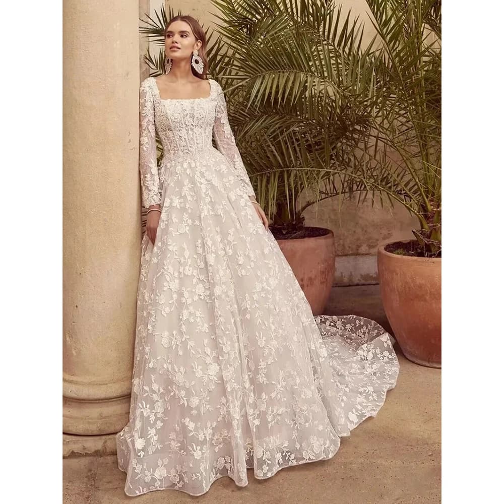 Cross-border European and American Retro Square Neck Bride Train Wedding Dress French Elegant Simple Evening Gown Slimming Light Luxury