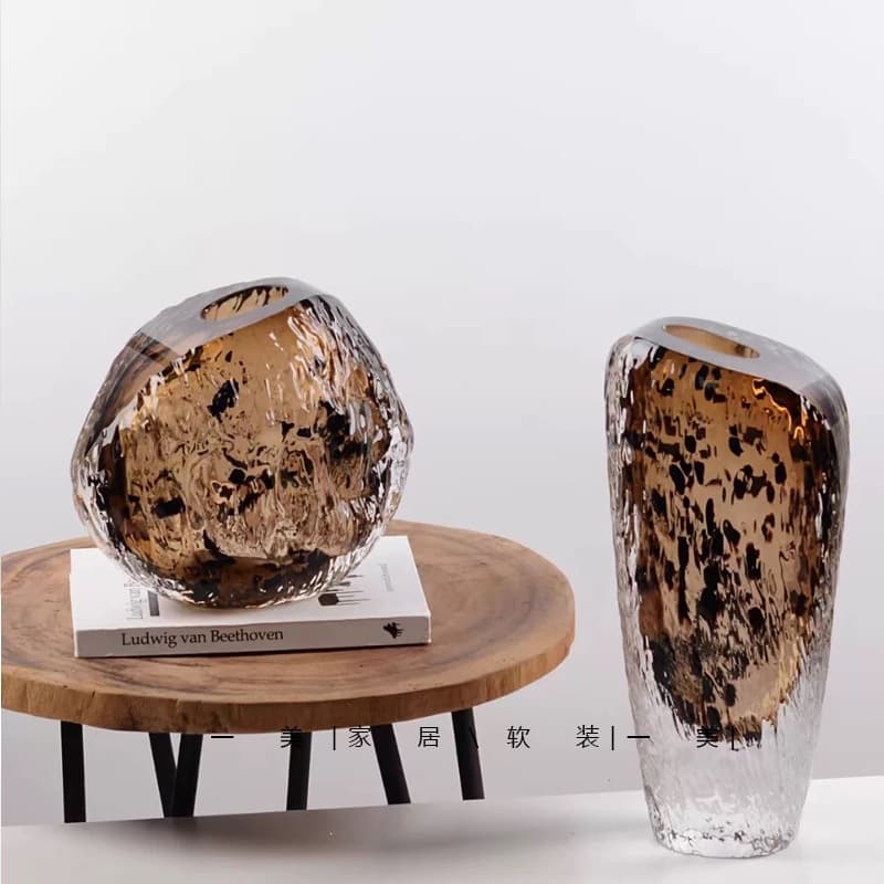 Pure handmade glass vase tiger pattern flower ware and fruit plate set volcanic stone crystal flower ware model room sales