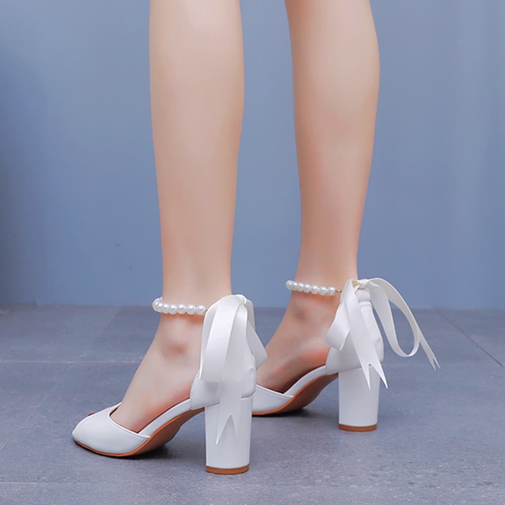7cm Pointed-Toe Chunky Heel Sandals with Buckle Strap, Large Size Beaded Ribbon Sandals, White Chunky Heel Sandals for Women