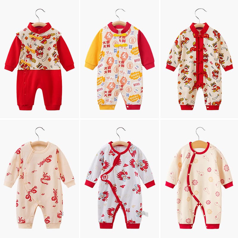 Baby New Year Clothes Red Baby Onesie Long Sleeve Cute Newborn Chinese Style New Year Romper