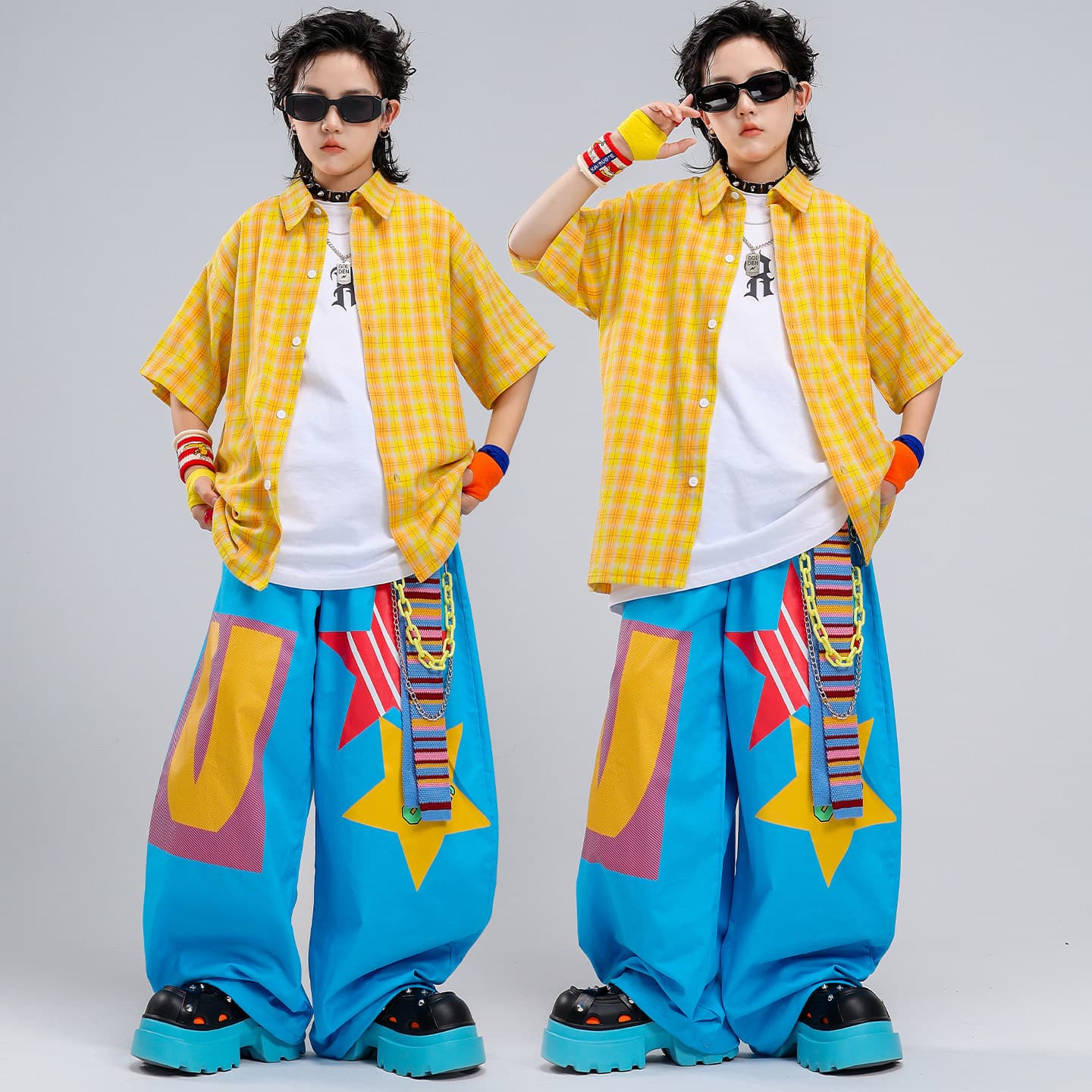 Kids Hip Hop Dance Wear, Dopamine Yellow Shirt Dance Suit Set for Boys