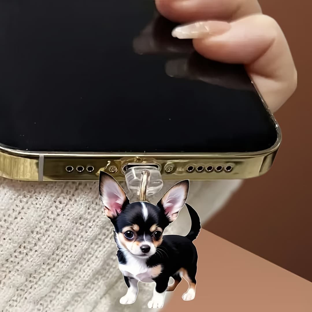Smart Chihuahua 2D Acrylic Phone Dust Plug, Compatible with iPhone/Type-C