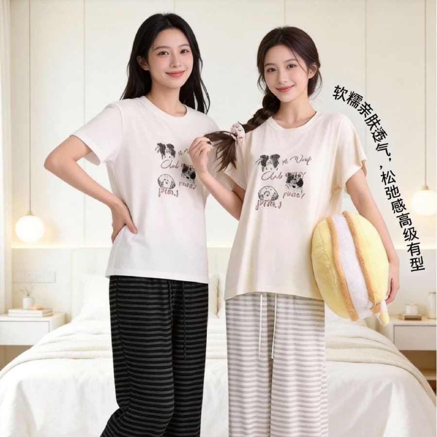 Spring/Summer Women's Pajama Set Round Neck Short Sleeve Loose Large Size Top Draping Stripe Pants Loungewear Two-Piece Set
