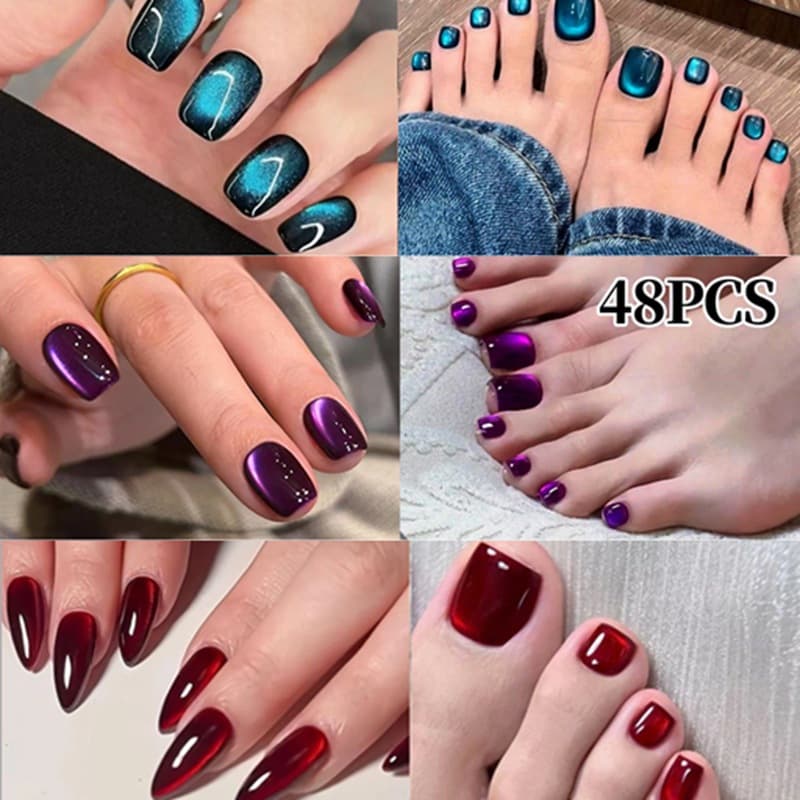Hand and Foot Same Color Wearable Nails 48 Pieces Short Square Short Cat Eye Fingernail Toenail Nail Art Removable High-End Nail Tips