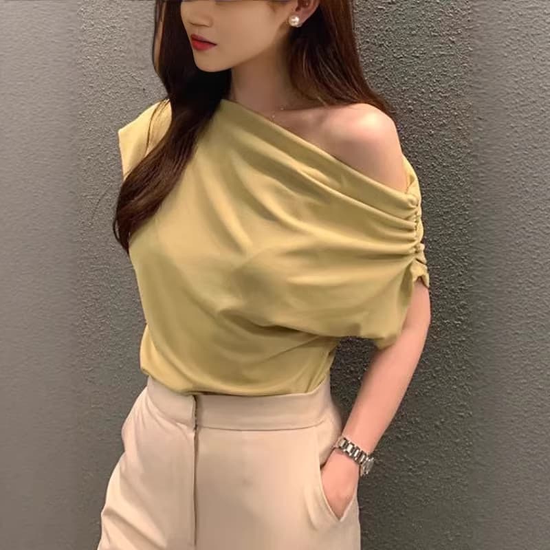 Cross-border Chic Summer New Style Irregular Off-Shoulder Design Loose Solid Color Pullover Short Sleeve T-Shirt