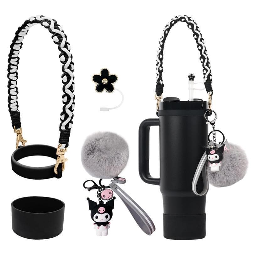 Black White Stanley Cup Sleeve Set Stanley Cup Accessories Set Cartoon Cute Kawaii Pom P