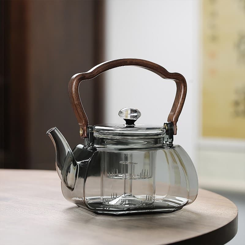 Octagonal Wood Handle Glass Teapot, Heat-Resistant High Borosilicate Glass Tea Brewing Equipment, Home Use Single Pot