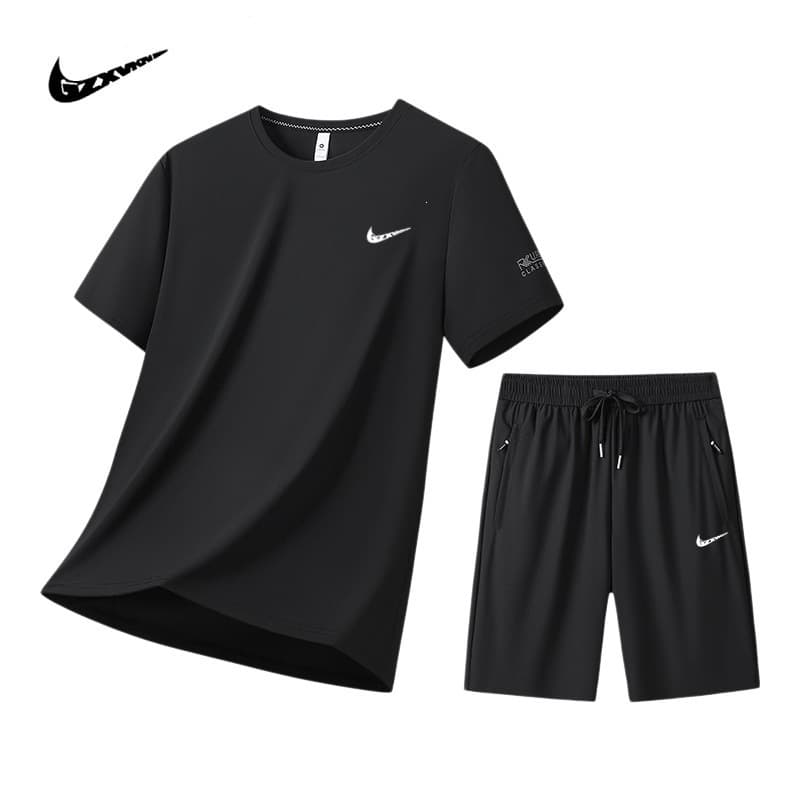 New Summer Ice Silk Short Sleeve Set Men's Two-Piece Round Neck T-Shirt and Shorts Sportswear Quick-Dry Men's Set