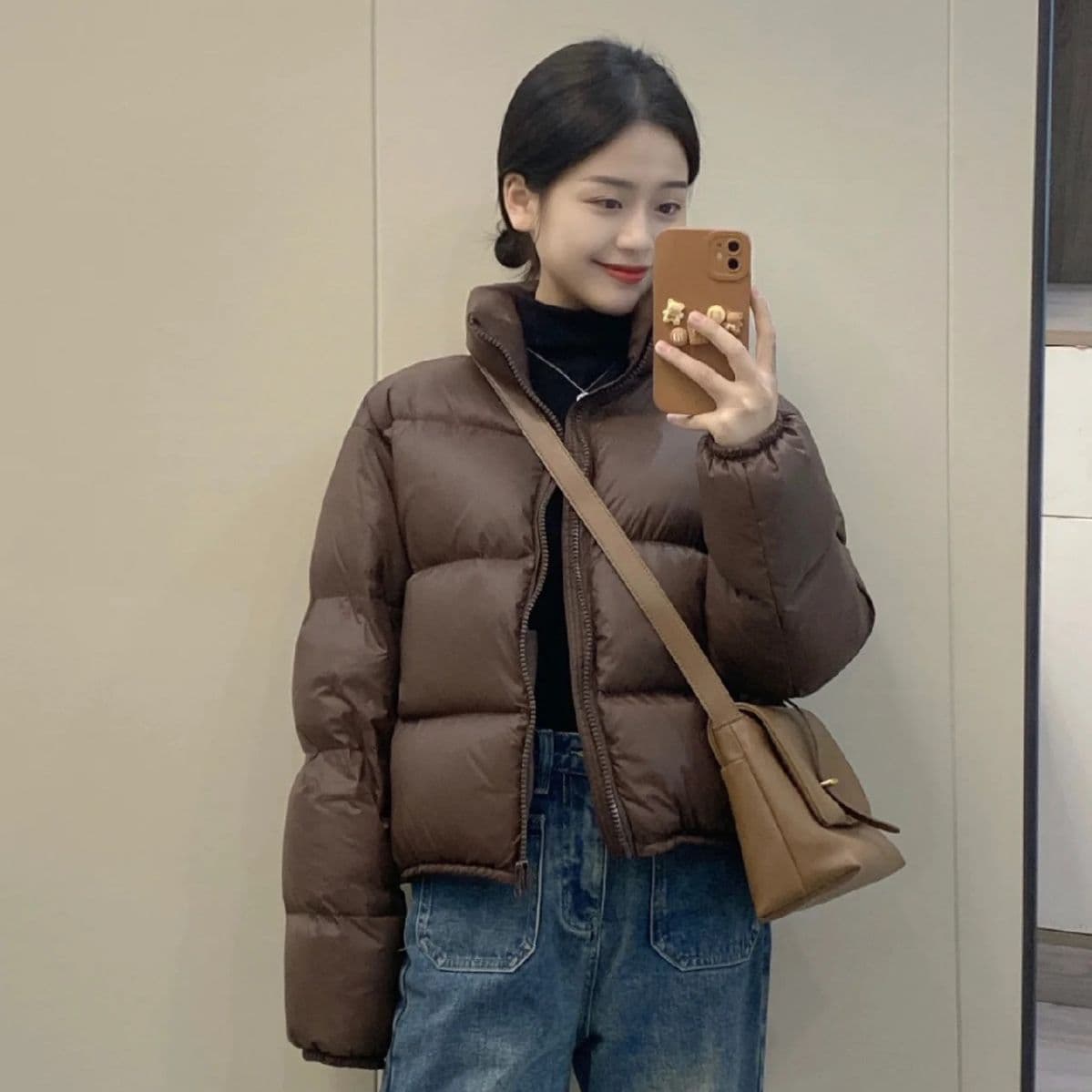 White Duck Down Kenzo Down Jacket Women Short European Style Coffee Loose Stand Collar Thick High Waist Puffer Jacket Trendy Cold Protection
