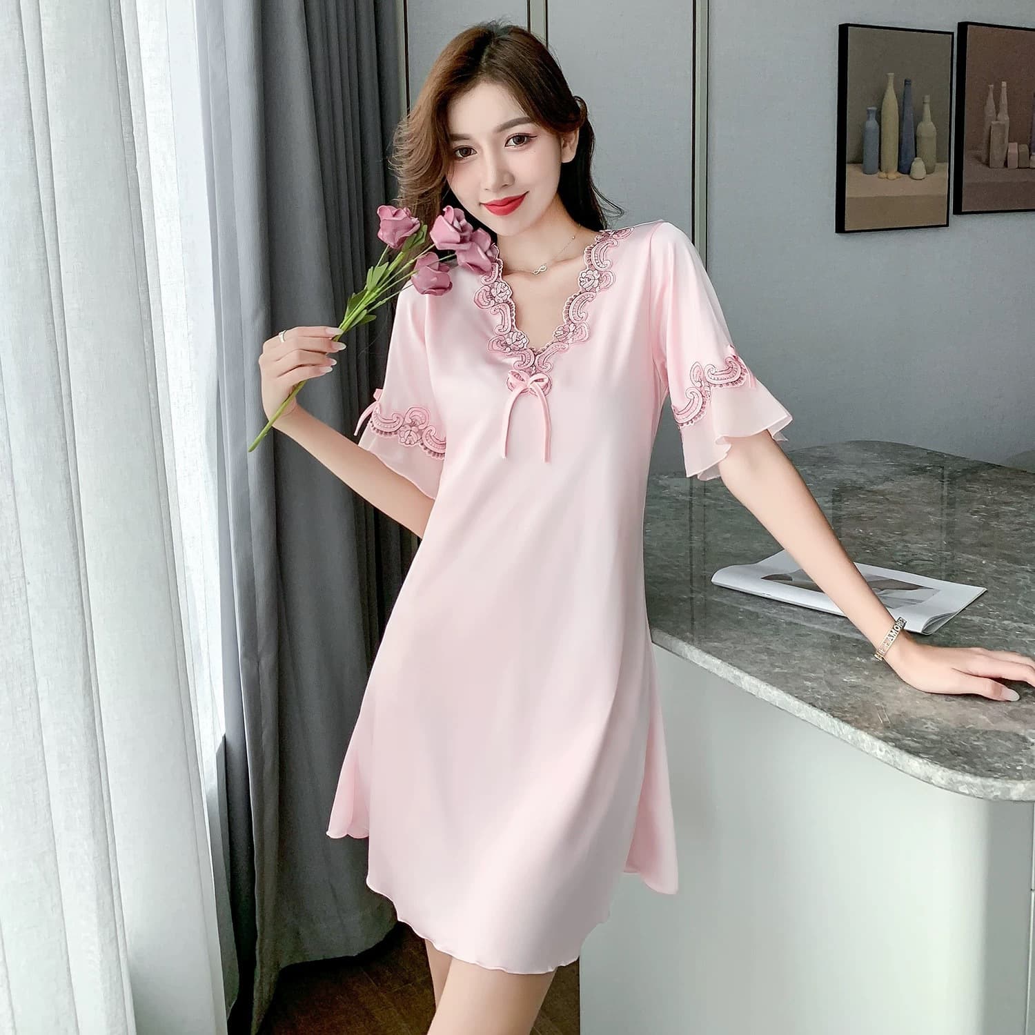 New Ice Silk Sleepwear for Women, Sexy Short Sleeve Nightgown, Thin Loose Fit Plus Size Silk Pajamas, Wholesale