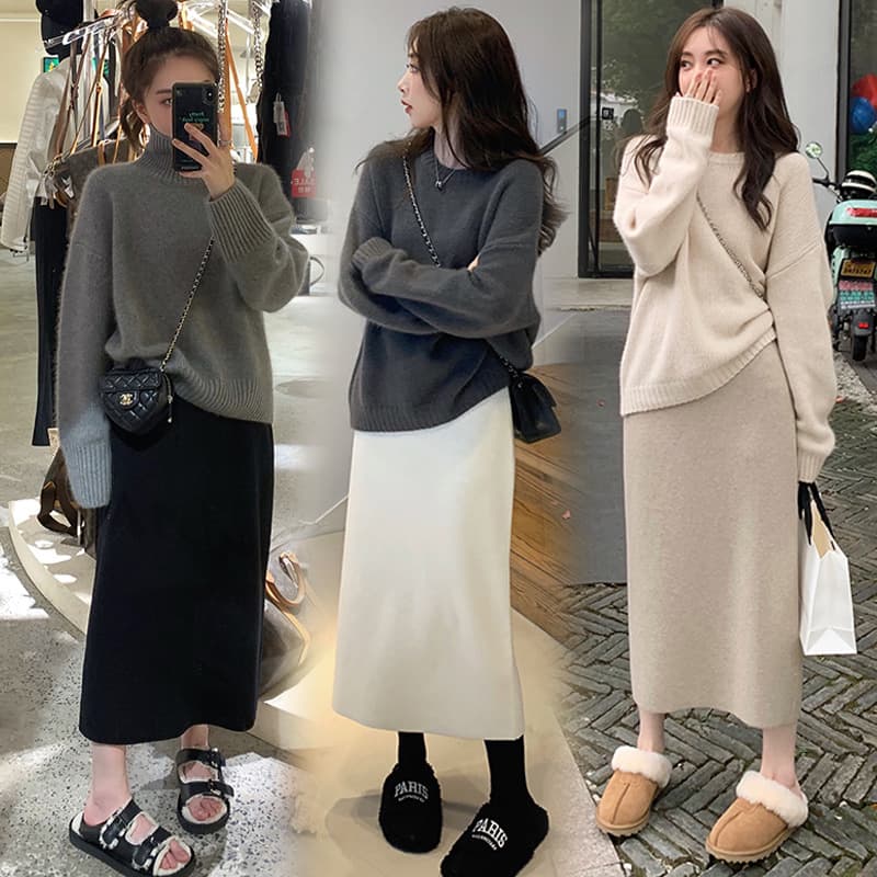 Maternity Knit Pencil Skirt for Autumn/Winter, Mid-Length Straight Tube Pregnancy Slimming Bodycon Belly Support A-Line Skirt