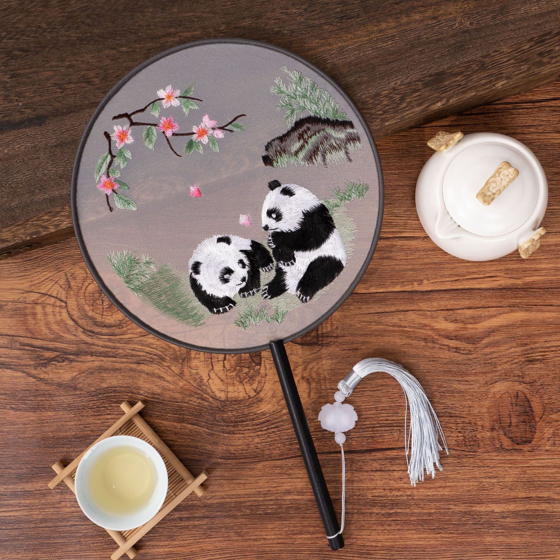 Double-sided Embroidered Round Fan Panda Lotus Hanfu Suzhou Embroidery Versatile Dance Fan Chinese Style Hand-Embroidered Photo Prop