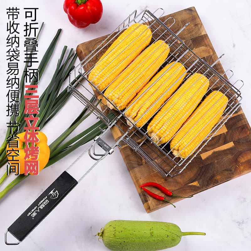 BBQ Outdoor Grilling Tool Folding Grill Net Stainless Steel 3D Grill Net for Fish Chicken Barbecue Rack with Oxford Bag
